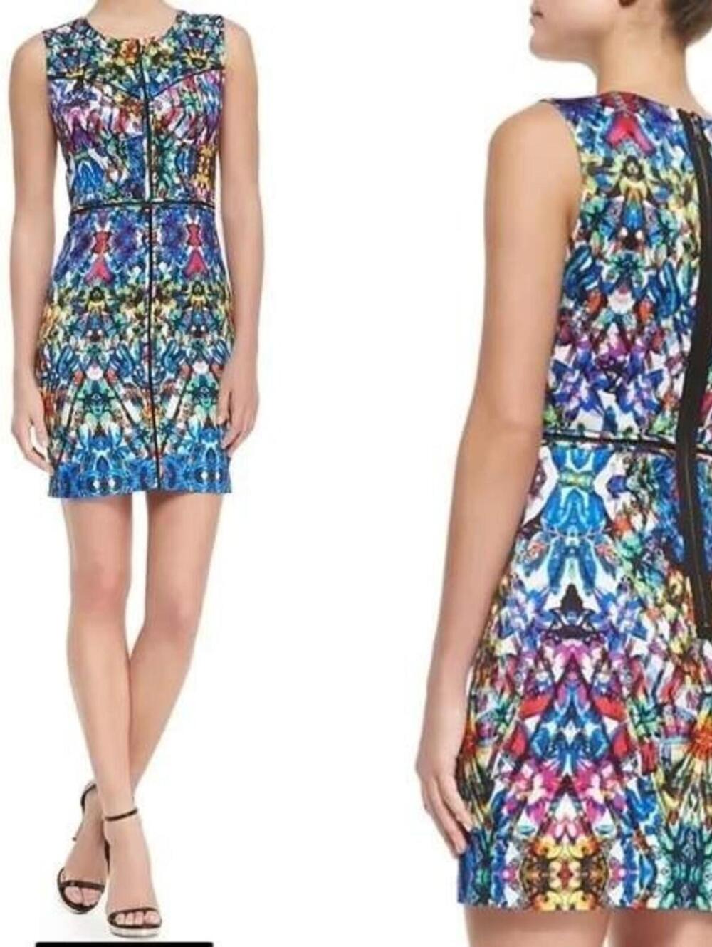 Milly $398 Size 10 Multi Color Kaleidoscope Angular Detailed Sheath Made in USA
